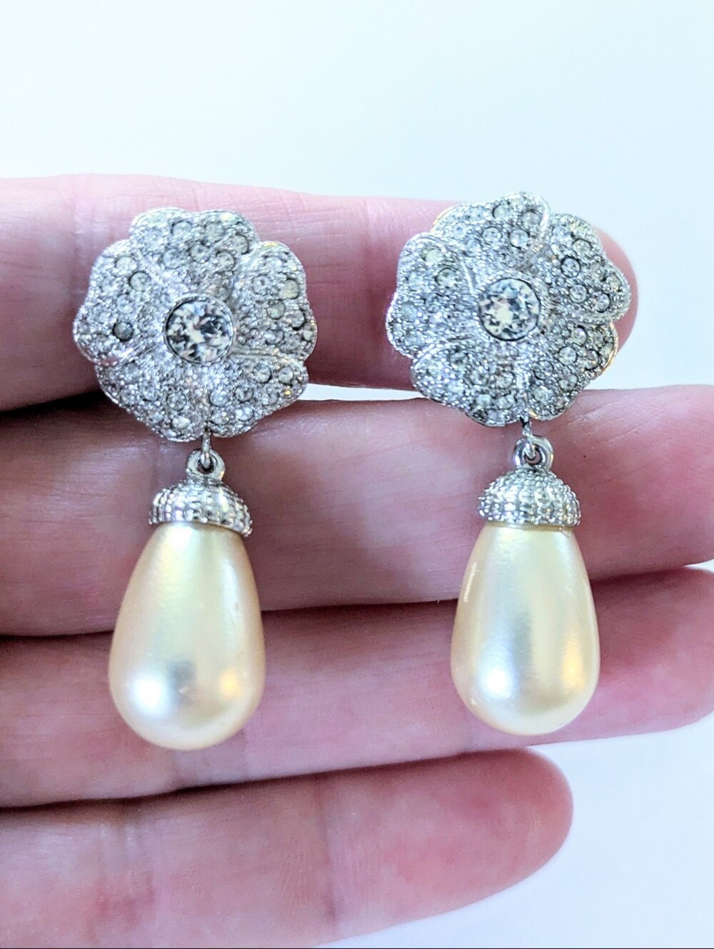 Gorgeous Vintage PIERRE LANG Silver & Faux White Pearl Drop Bridal Earrings